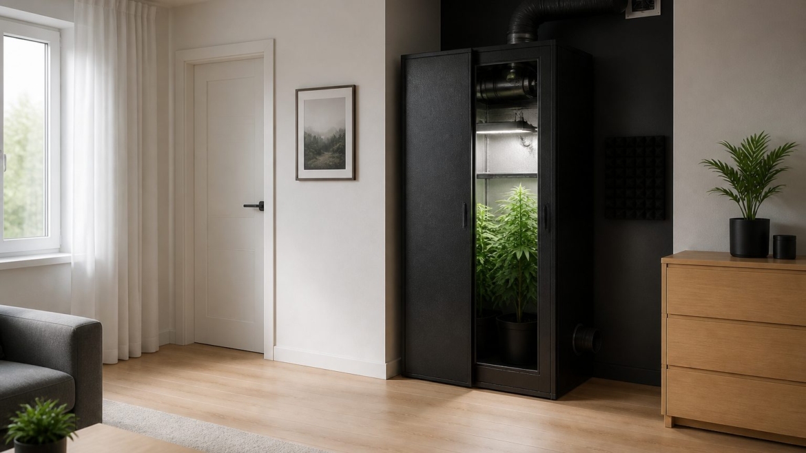 Armario de cultivo interior integrado discretamente en una habitación moderna y ventilada