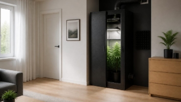 Armario de cultivo interior integrado discretamente en una habitación moderna y ventilada