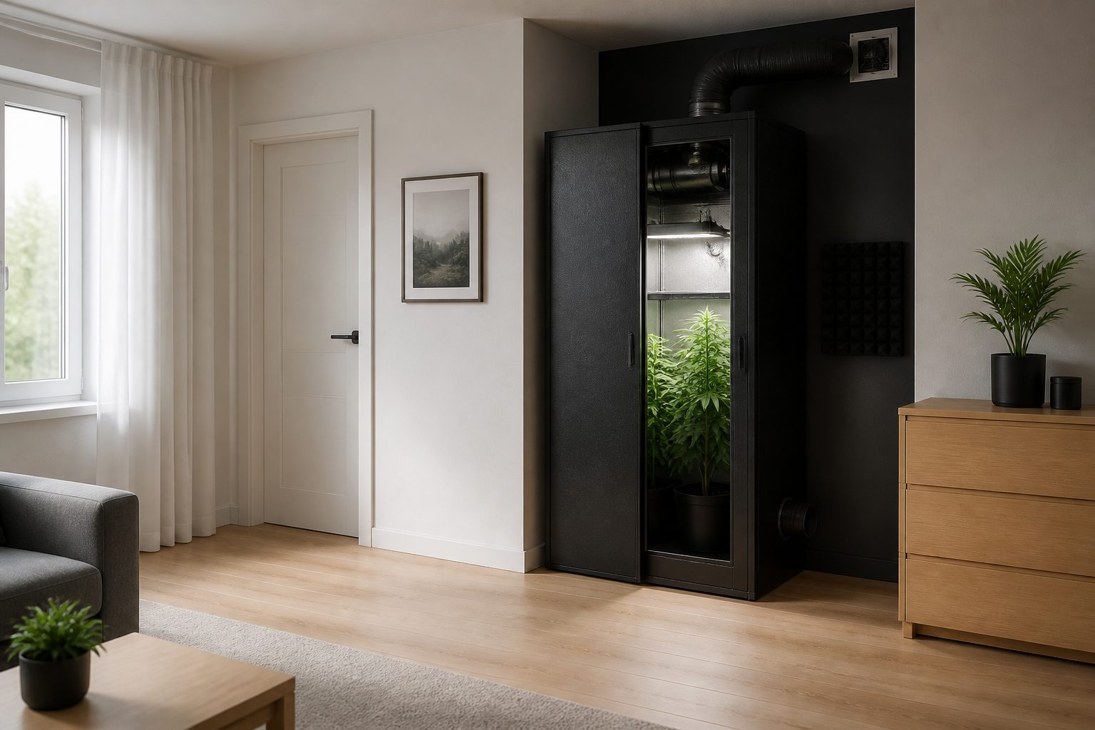 Armario de cultivo interior integrado discretamente en una habitación moderna y ventilada