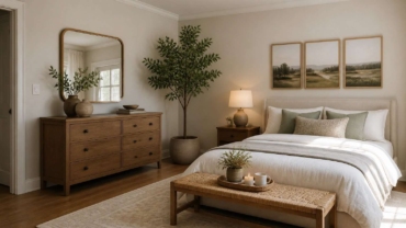 Habitación equilibrada con elementos decorativos distribuidos a tres alturas