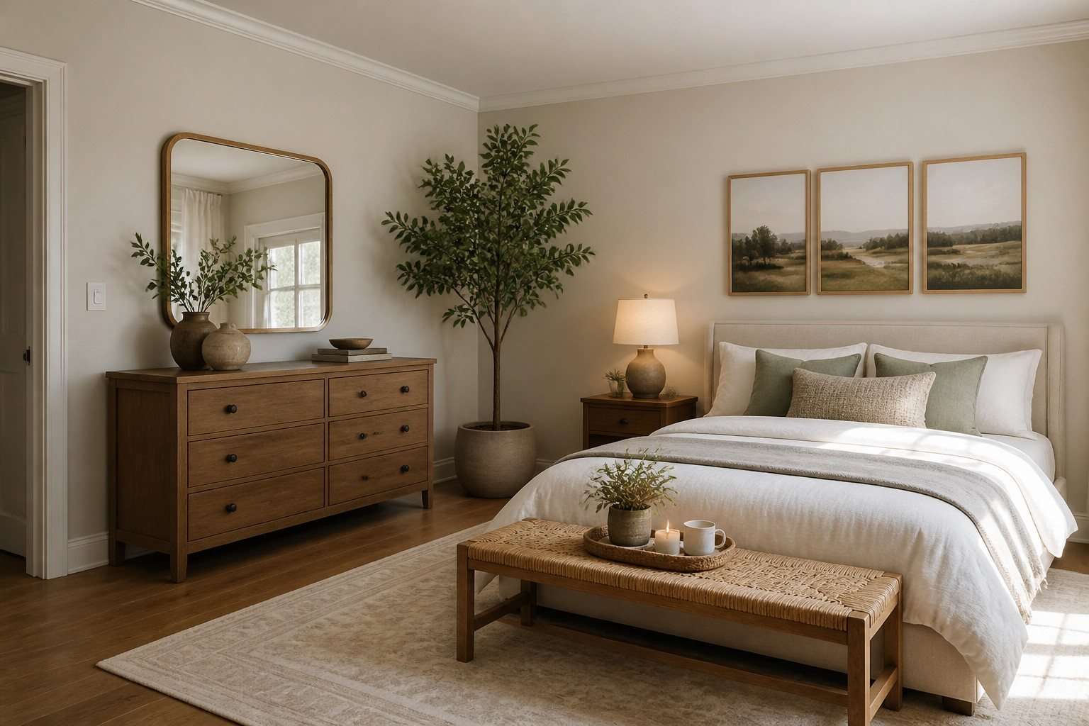 Habitación equilibrada con elementos decorativos distribuidos a tres alturas