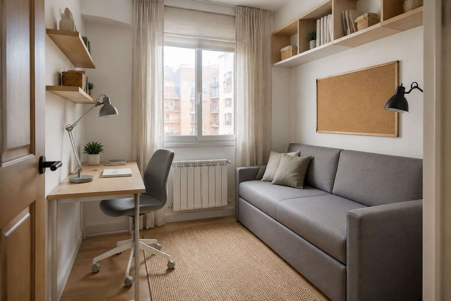 Habitación pequeña con sofá cama cerrado y escritorio de poco fondo