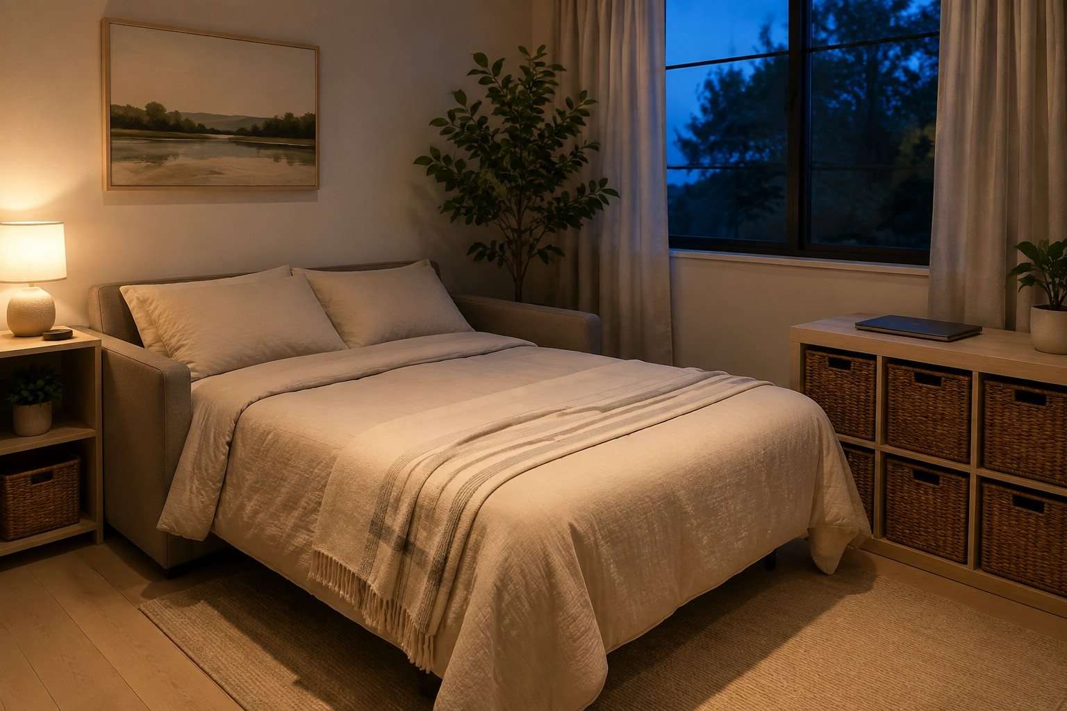 Sofá cama abierto en un despacho doméstico preparado para recibir a un invitado